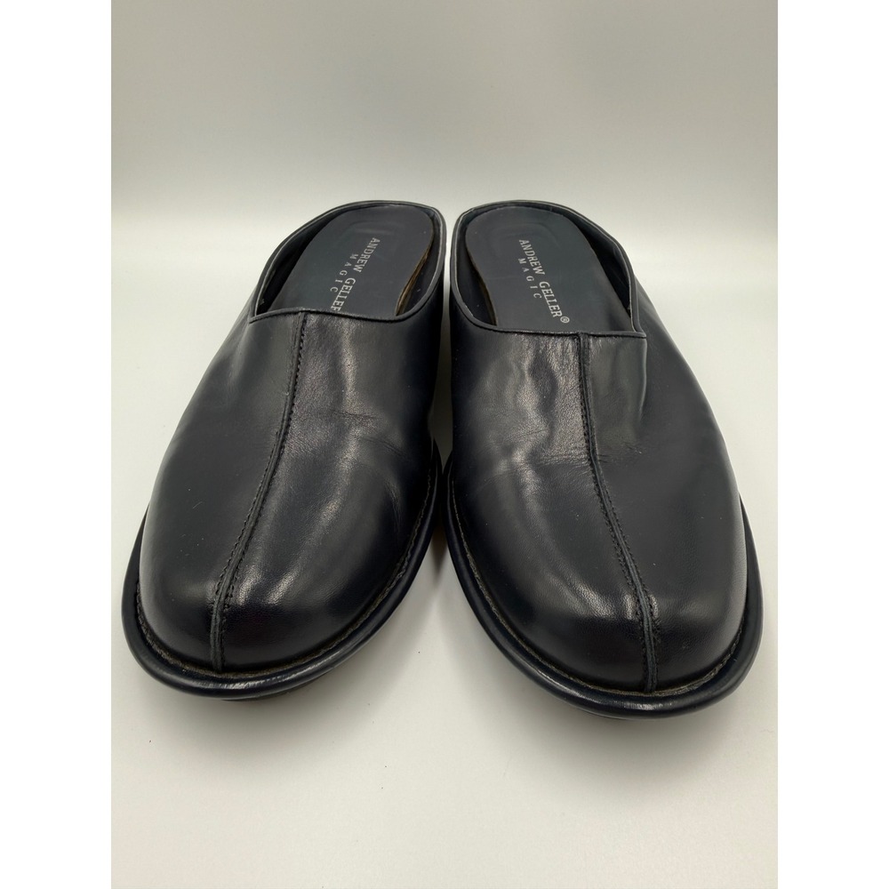 Andrew Geller Chop Chop Mules Womens 8.5 Navy Blue Leather Slip On Flat Shoes